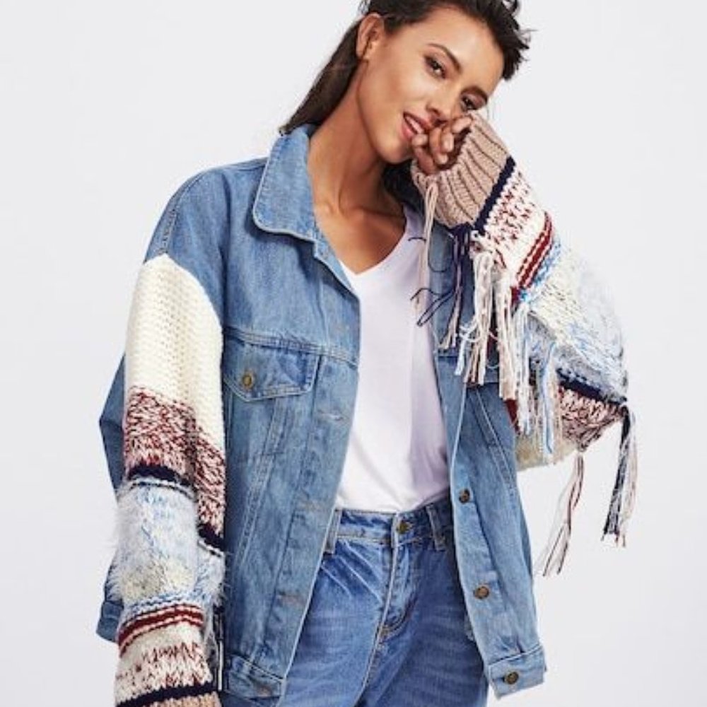 ✨ BNWT Zara Boho Denim Jacket with Knit Sleeves